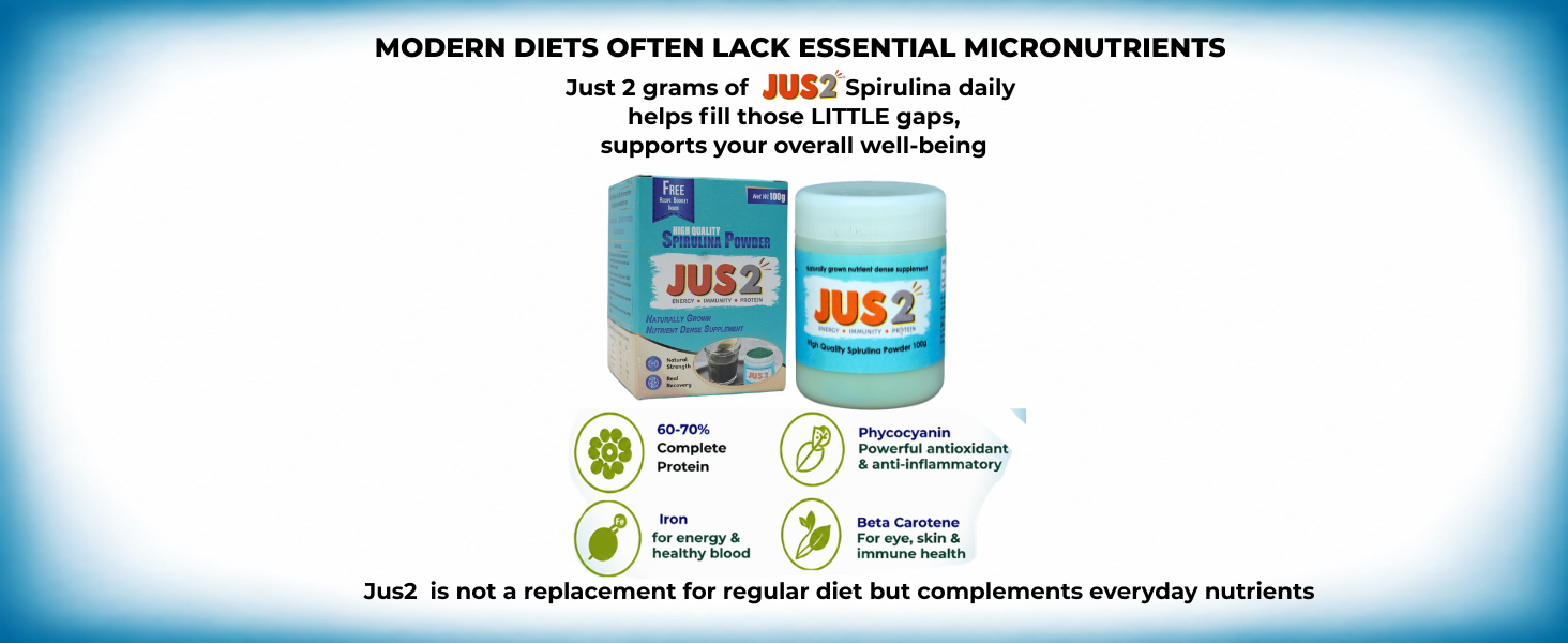 JUS2 Spirulina Powder, Energy Immunity Protein Supplement, 100g