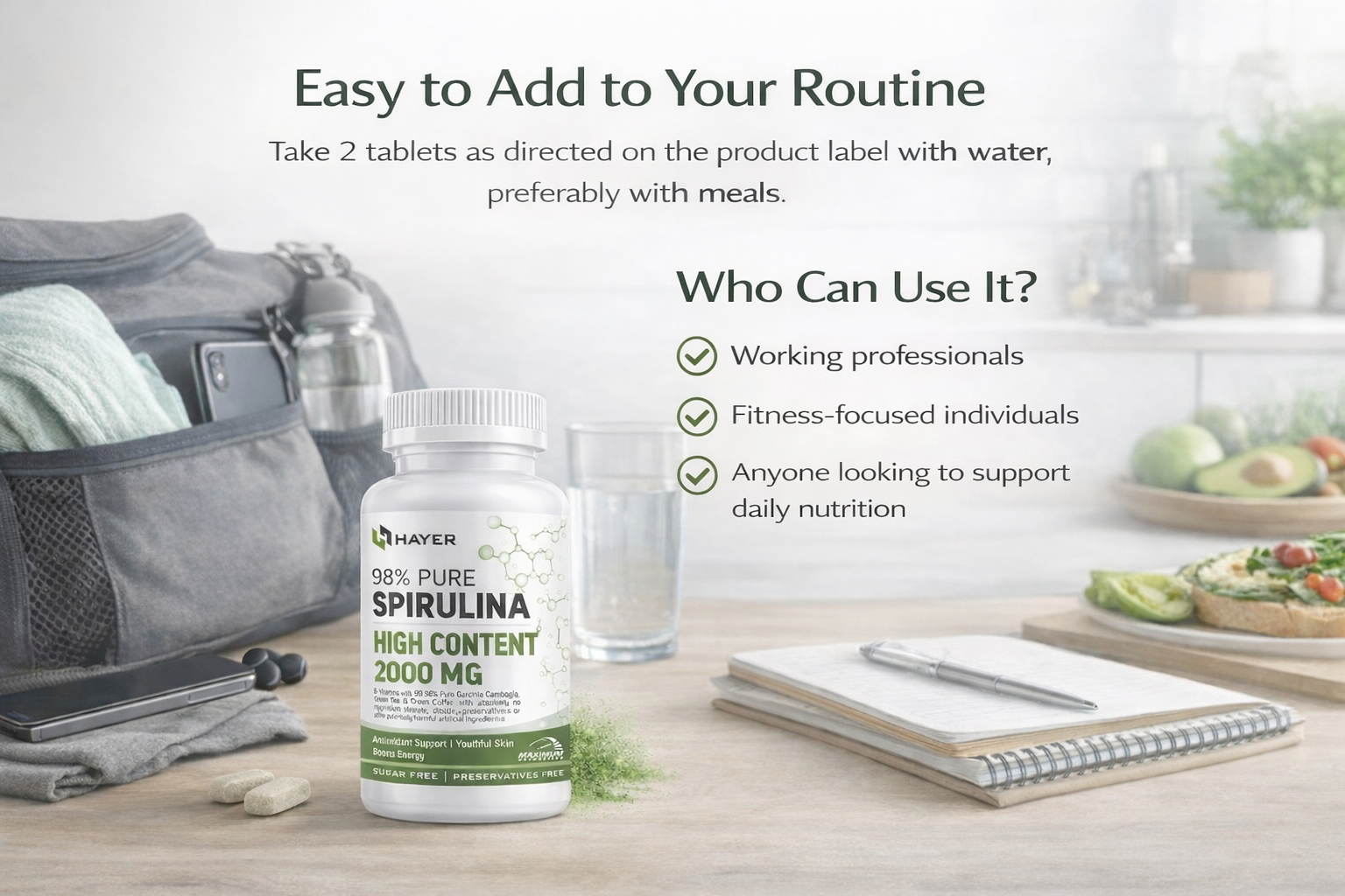 HAYER 98% Spirulina Powder Organic -60 Tablets Veg