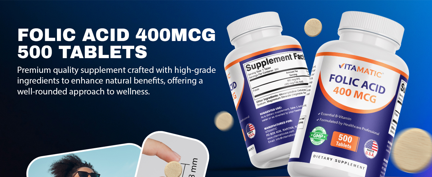 Vitamatic Folic Acid 400 mcg - 500 Vegetarian Tablets - Vitamin B9