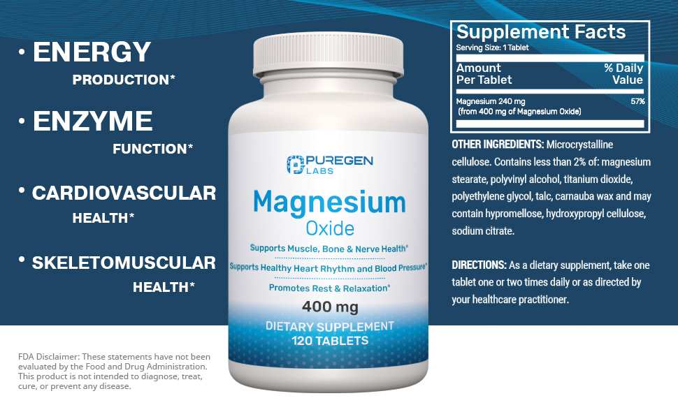 Puregen Labs Magnesium Oxide 400mg High Potency, 2 Pack, Total 240 Tablets