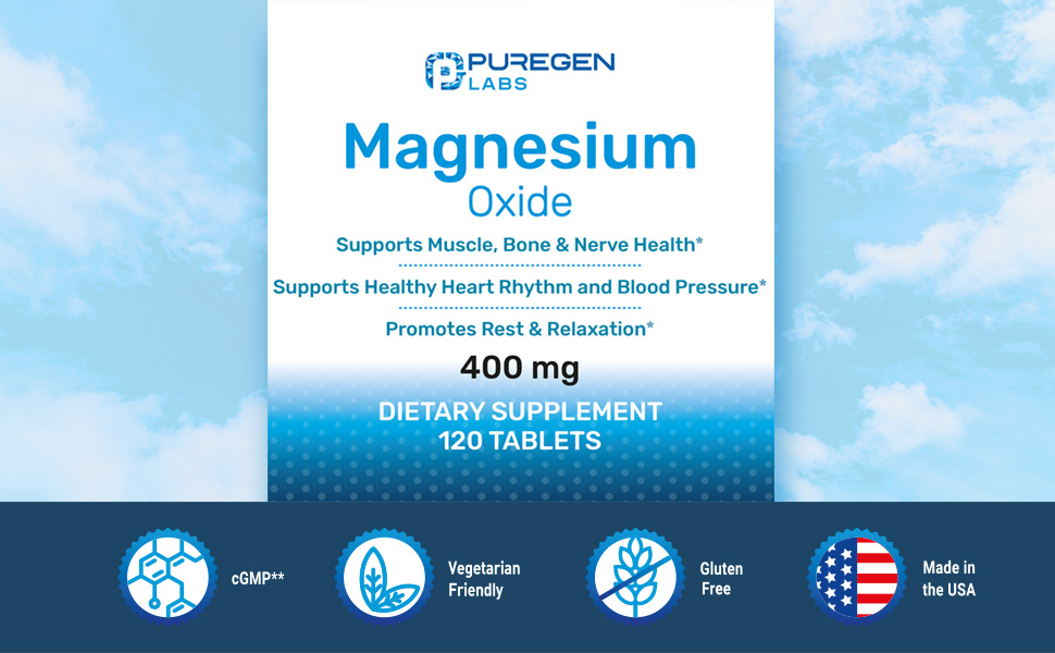 Puregen Labs Magnesium Oxide 400mg High Potency, 2 Pack, Total 240 Tablets