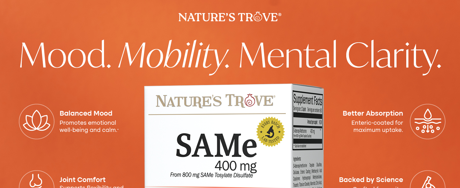 Nature's Trove SAM-e 400mg 60 Enteric Coated Caplets. Vegan, Kosher, Non-GMO Project Verified, Soy Free, Gluten Free - Cold Form Blister Packed.