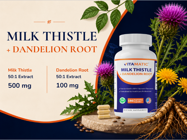 Vitamatic Milk Thistle with Dandelion Root – 50:1 Plant-Based Botanical Extract – Concentrated Herbal Capsules – Vegetarian, Non-GMO, Gluten-Free – 180 Capsules