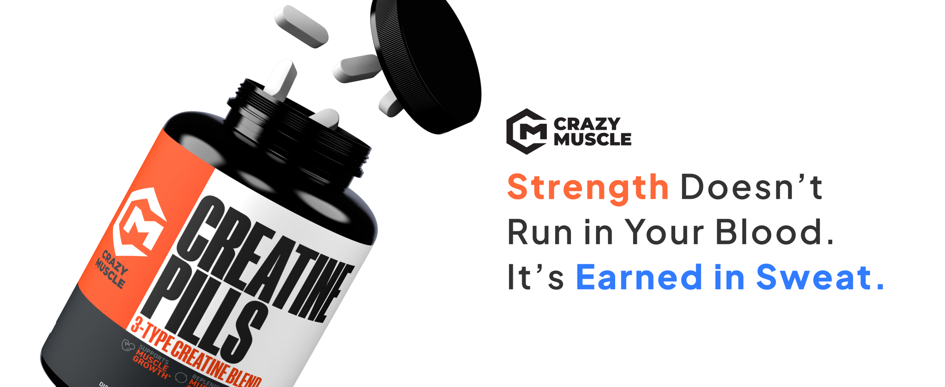 Crazy Muscle, Creatine Pills, 5g 3X Pure Creatine Monohydrate, Pre Workout Bulk Muscle Mass Gainer, High Absorption Easy to Take ThreeAtine 3 Type Optimum Performance for Lean Growth Men Women