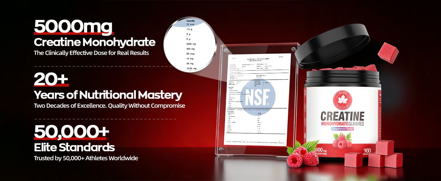 Creatine Monohydrate Gummies 5000mg Per Serving, 160 Count, NSF Certified, Muscle Growth, Strength & Recovery Support for Men & Women, Raspberry Flavor