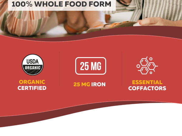 Organic Iron Supplement, Whole Food Mineral & Cofactors, 25mg, Gentle Form