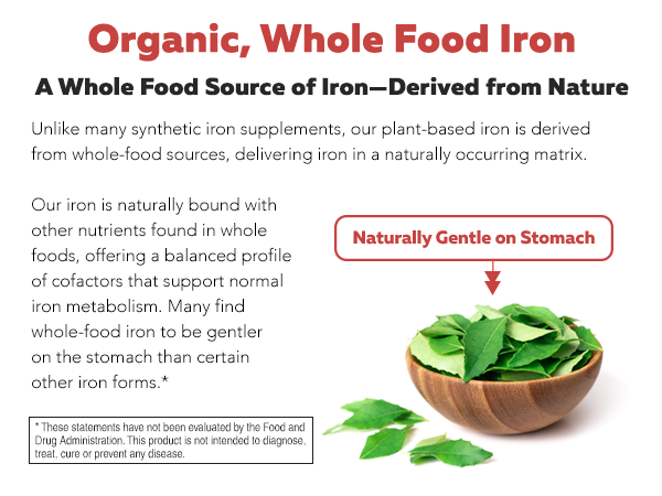 Organic Iron Supplement, Whole Food Mineral & Cofactors, 25mg, Gentle Form
