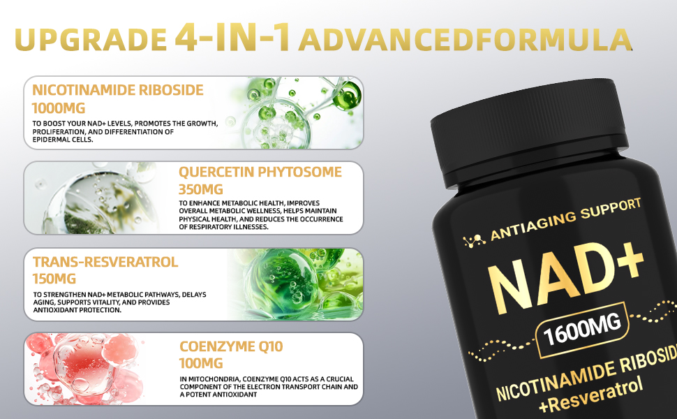 NAD Supplement 1600mg, NAD+ with Resveratrol & Nicotinamide Riboside, Anti-Aging Support, Cellular Energy & Mental Clarity Support, Vegan Non-GMO, 120 Capsules