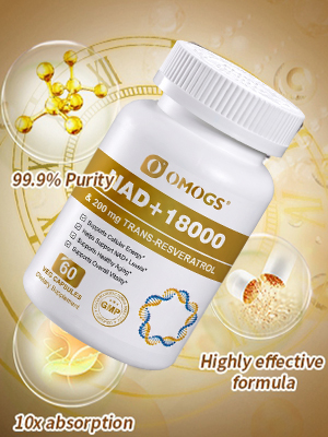 OMOGS NAD+ 300 mg + Trans-Resveratrol 200 mg, Pure NAD Supplement, Max Absorption, Boosting Supplement for DNA Repair, Healthy Aging, Cellular Energy & Longevity, 60 Capsules