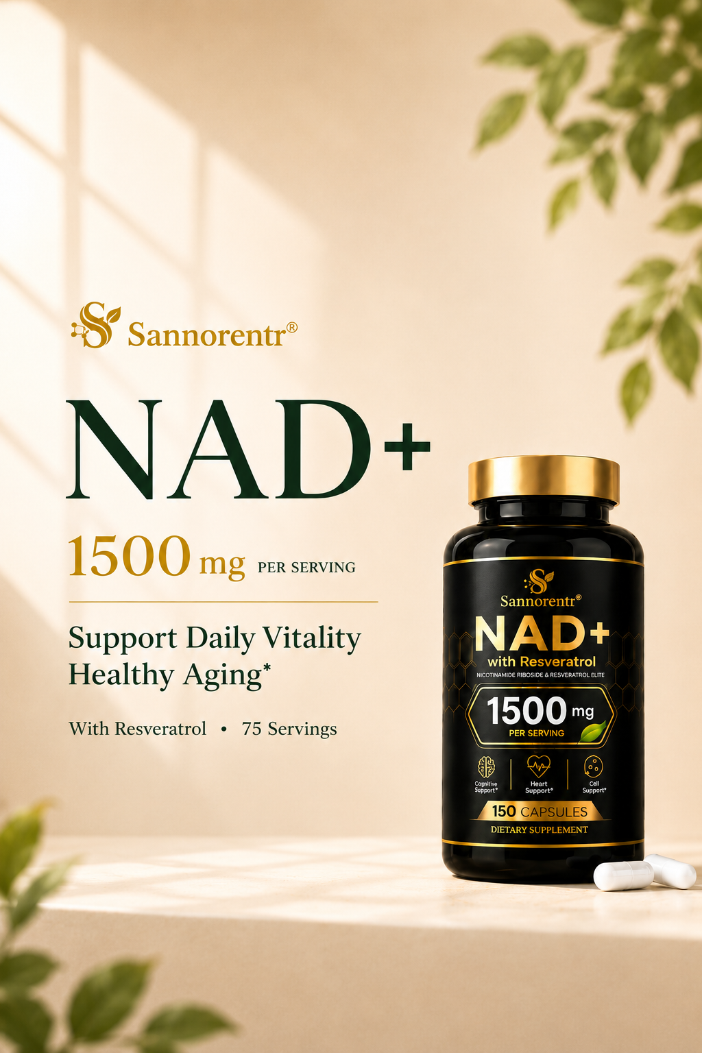NAD Supplement 1500Mg, NAD+ Resveratrol Supplement Support Cellular Health for Women and Men, Energy & Healthy Aging, Non-GMO - 150 Count