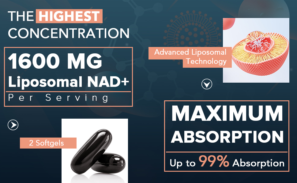 1600 mg Liposomal NAD Supplement, 98% Pure NAD+ Supplement, Superior Absorption, Alternative to Nicotinamide Riboside or NADH to Boost NAD+ for Aging Defense, Energy, Longevity, 120 Softgels