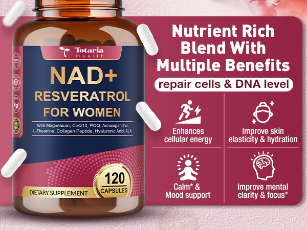 Totaria NAD+ Supplement for Women - NAD Trans-Resveratrol Supplement with Magnesium,CoQ10,PQQ, Ashwagandha,Collagen Peptide - NMN & NMNH Alternative - Cellular Renewal & Energy - 120 Capsules