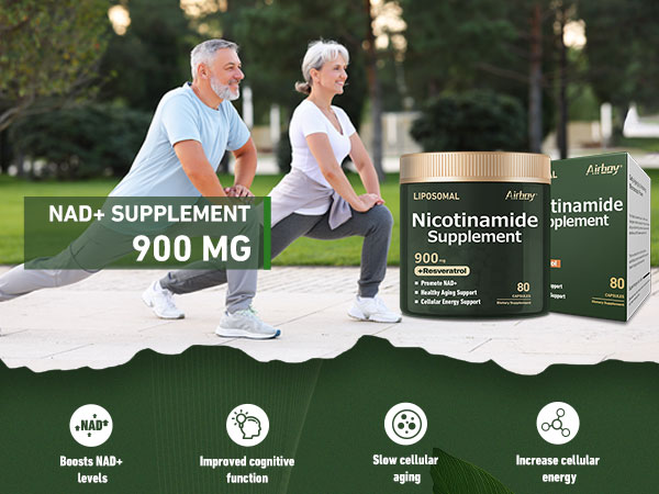Airboy NAD+ Supplement, Liposomal Nicotinamide Riboside 900 mg with Resveratrol & Quercetin, NMN Supplement Alternative, Third-Party Tested, Anti-Aging, Energy, Focus- 80 Count