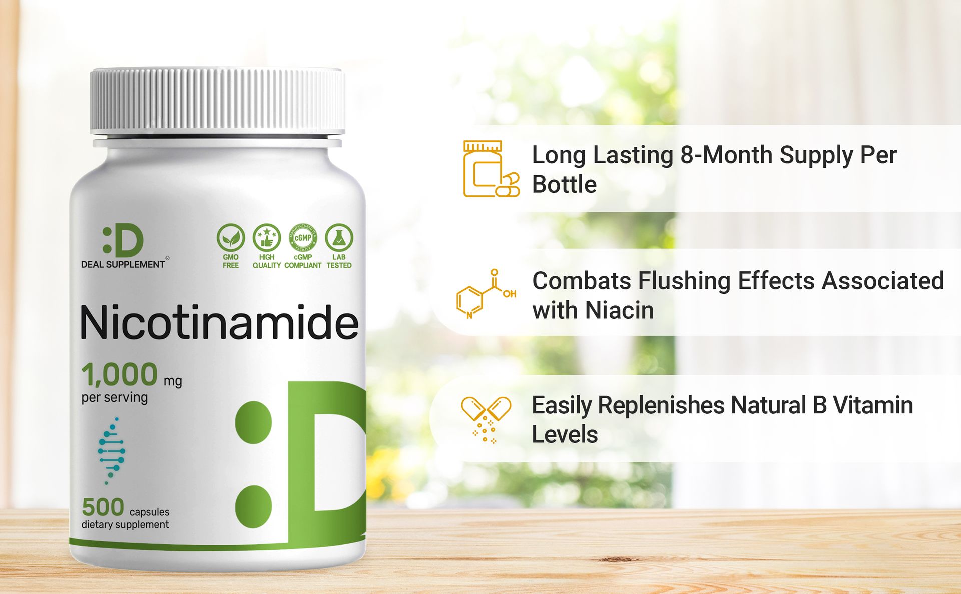 Vitamin B3 Nicotinamide 1,000mg Per Serving – 500 Capsules, Flush Free Niacin, Essential B3 – Supports Healthy Skin & Energy Production – Non-GMO