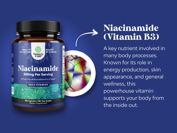 Niacinimide 500mg Capsules, Vitamin B3 NiacinamidaSupplement - 180 Count