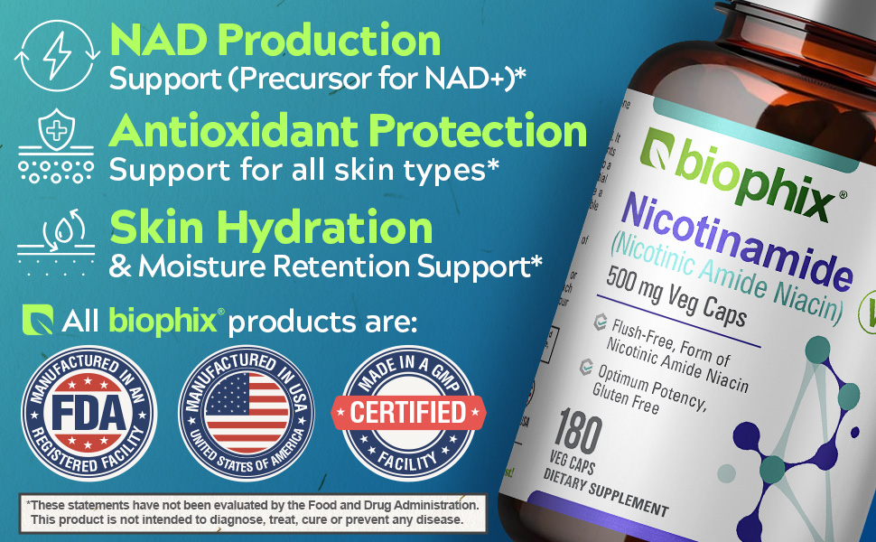 biophix B-3 Nicotinamide 500 mg 180 Vcaps - Nicotinic Amide Niacin Natural Flush-Free Vitamin Formula - Supports Skin Cell Health