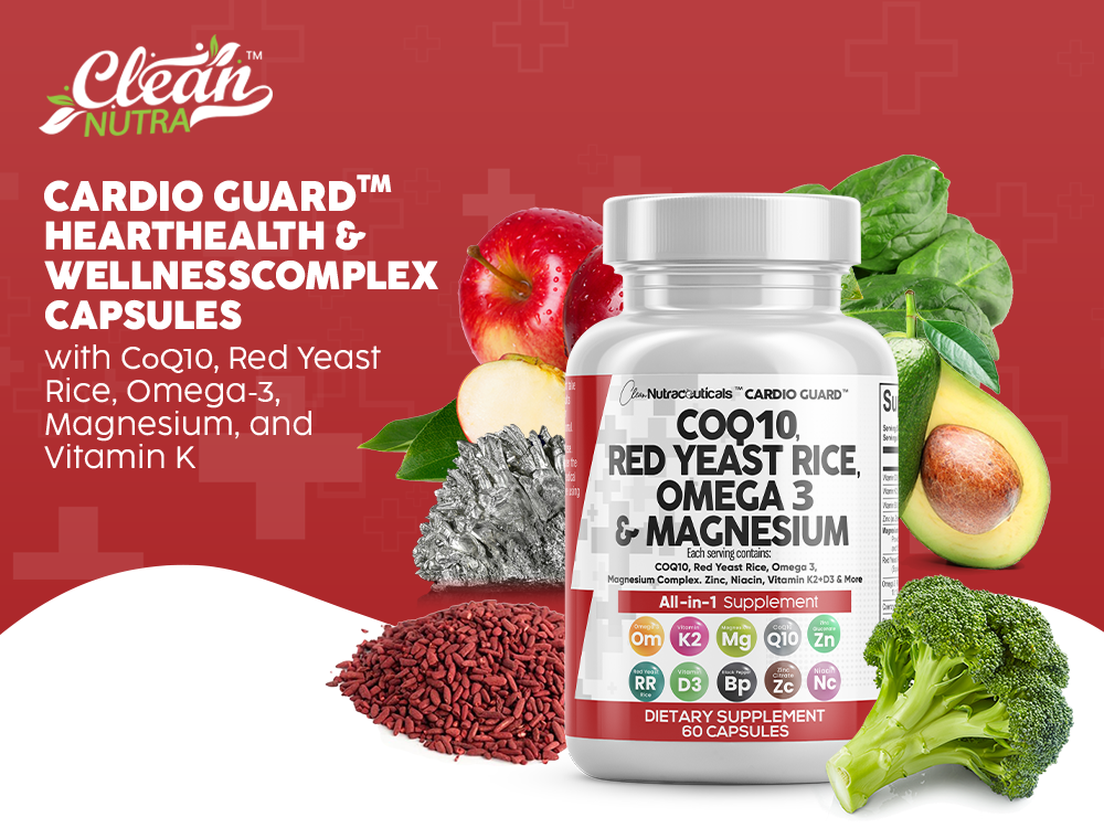 Clean Nutraceuticals COQ10 200mg Red Yeast Rice Omega 3 Magnesium Complex 500mg Niacin Zinc Vitamin K2 D3 - Heart Support Vitamins for Women & Men w/Vitamin B3, Coenzyme Q10-60 Ct