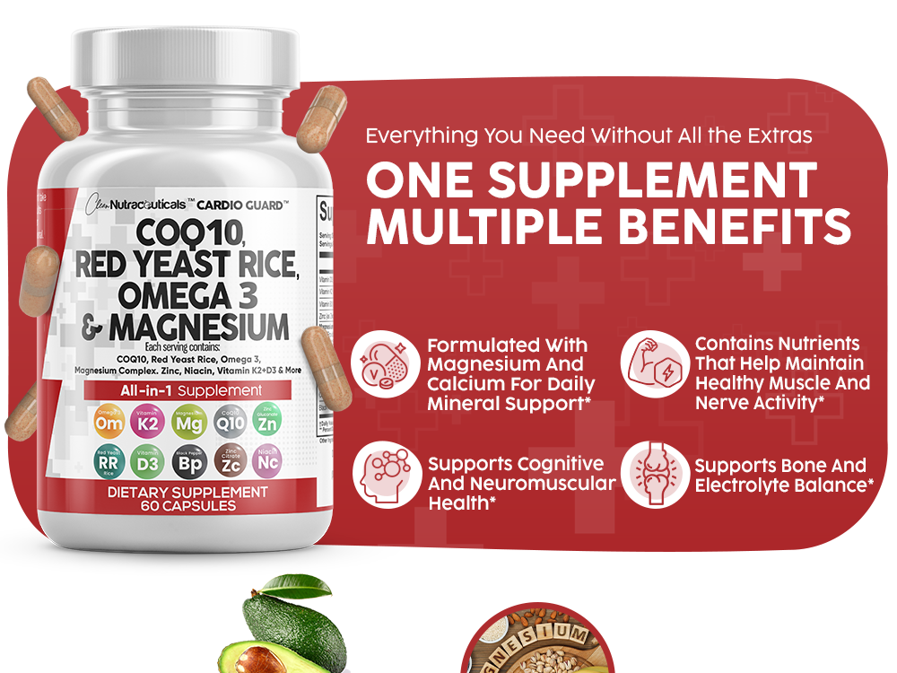 Clean Nutraceuticals COQ10 200mg Red Yeast Rice Omega 3 Magnesium Complex 500mg Niacin Zinc Vitamin K2 D3 - Heart Support Vitamins for Women & Men w/Vitamin B3, Coenzyme Q10-60 Ct