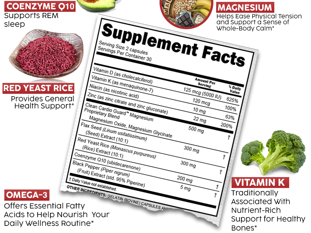 Clean Nutraceuticals COQ10 200mg Red Yeast Rice Omega 3 Magnesium Complex 500mg Niacin Zinc Vitamin K2 D3 - Heart Support Vitamins for Women & Men w/Vitamin B3, Coenzyme Q10-60 Ct
