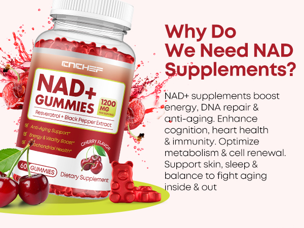 NAD+ Gummies, 1200mg Liposomal NAD Supplement for Women & Men with Trans-Resveratrol & Black Pepper Extract Anti-Aging Supplement, Brain & Cellular Mitochondrial Health - 60 Gummies Cherry