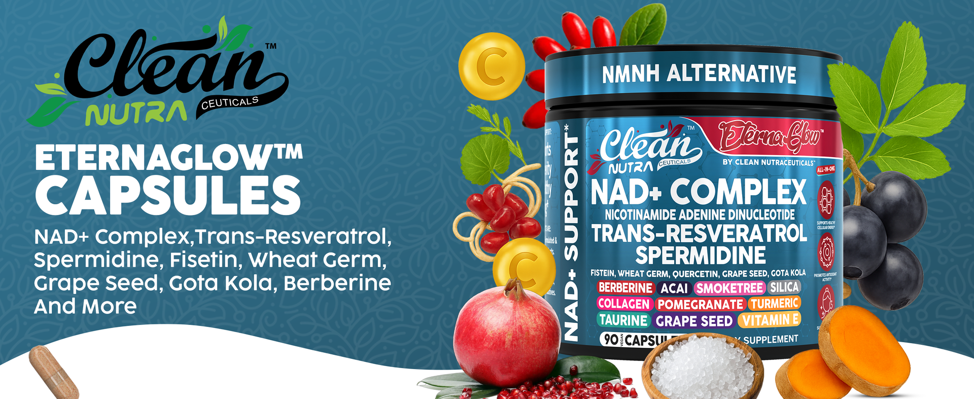 NAD Resveratrol Supplement Spermidine Fisetin Quercetin Grape Seed Gotu Kola Berberine Astaxanthin Taurine Pomegranate Acai Anti Aging Longevity Capsules for Women Men EternaGlow by Clean Nutra 90ct