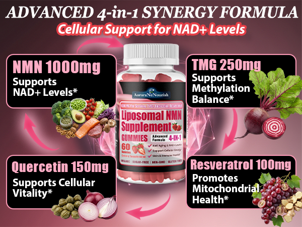 NMN Supplement 1000mg, 4-in-1 Liposomal NMN Gummies with Resveratrol, Quercetin & TMG for NAD+ Levels, NMNH Alternative, Supports Healthy Aging, Cellular Energy & Immune Health, 60 Count