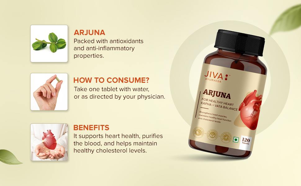 Jiva Arjuna Tablets (120 Tablets) | Ayurvedic Heart Health Support | Helps Manage Blood Pressure & Cholesterol | Made from Arjun Ki Chaal | No Added Fillers or Chemicals | pack of 1