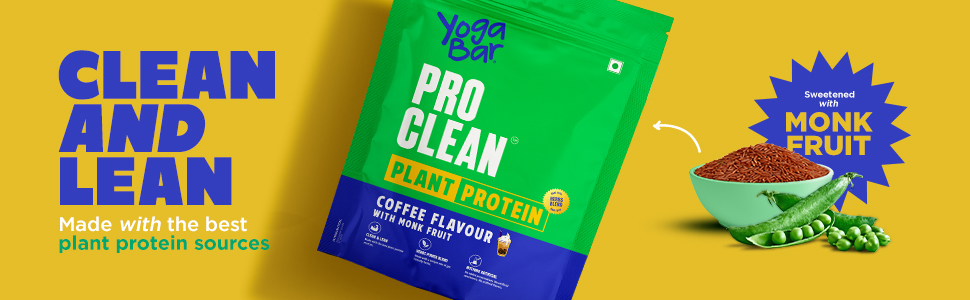Yogabar Pro Clean Plant Protein | Coffee Flavour with Monk Fruit | 25g Protein per Serving | Clean & Natural Blend | 500g Pack of 2