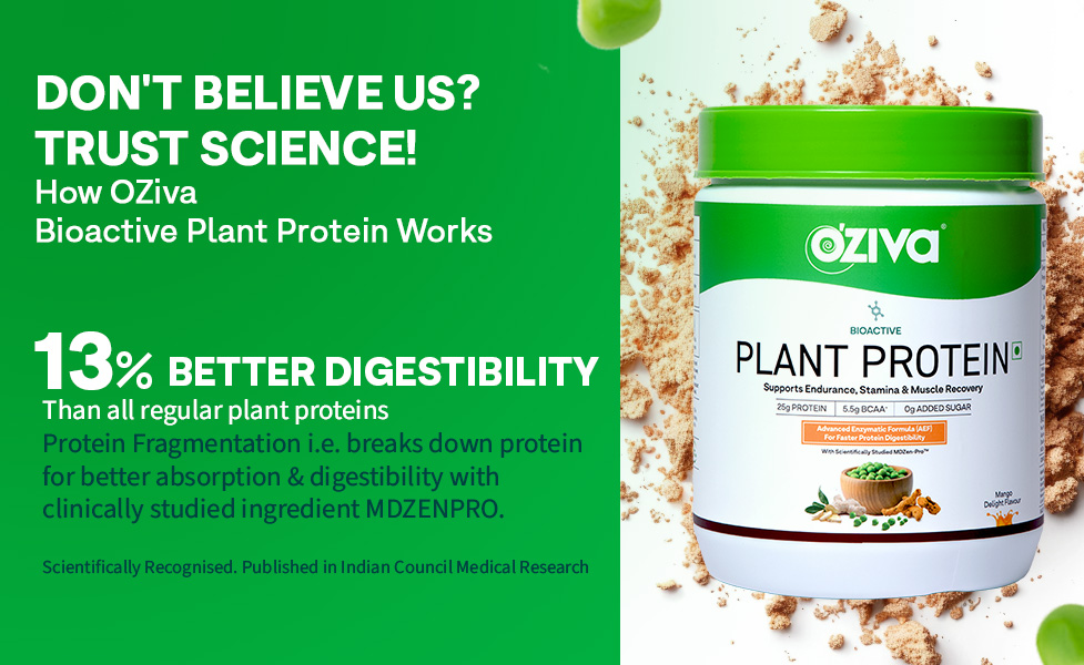OZiva Bioactive Plant Protein Powder, 5.5g BCAA, Vegan, Strawberry, 500g