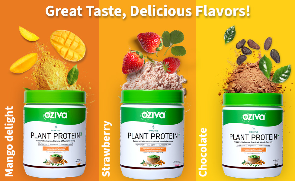 OZiva Bioactive Plant Protein Powder, 5.5g BCAA, Vegan, Strawberry, 500g