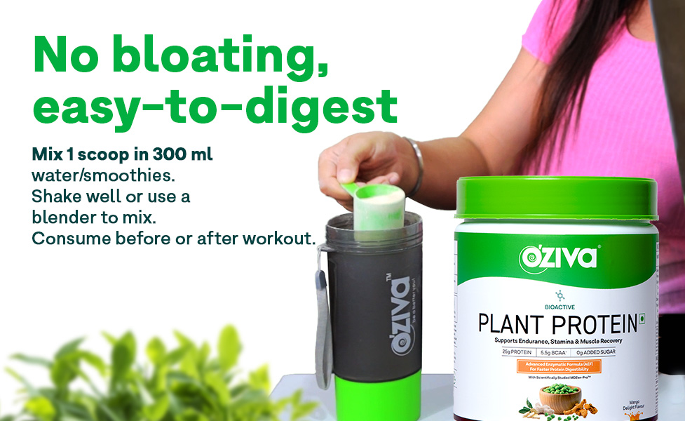 OZiva Bioactive Plant Protein Powder, 5.5g BCAA, Vegan, Strawberry, 500g