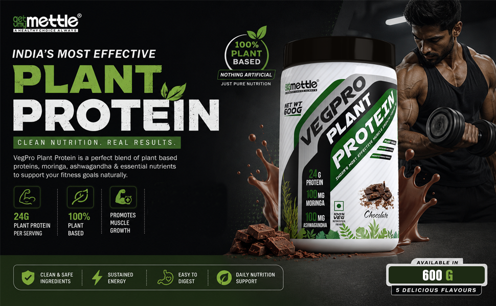 Getmymettle VegPro Vegan Plant Protein Powder | Protein 24g per scoop | Pea Protein Isolate with Digestive Enzyms | Low Carbs (1kg, Sunshine Mango)