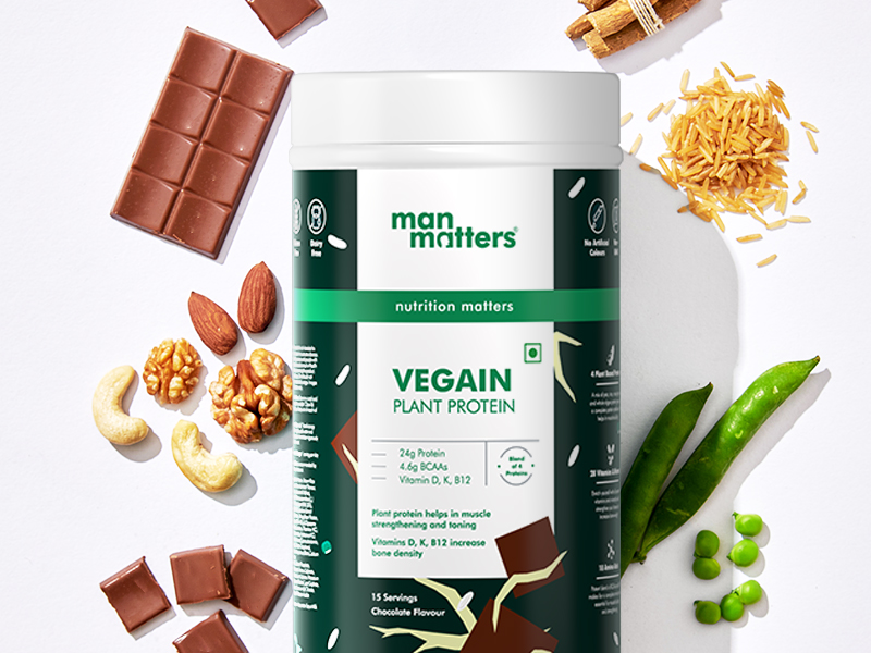 Man Matters VEGAIN Plant Protein Powder for Men | 100% Vegetarian | Made with Pea, Brown Rice, Moong Bean and Whole Algae | Gluten Free, Dairy Free & Soy Free | 500 grams