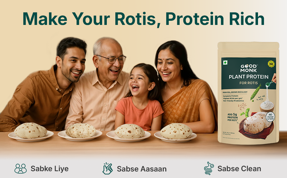 Good Monk Plant Protein for Rotis | Add 5 gm Protein per Roti | From Pea, Brown Rice & Soy | Clean Protein & Gut Friendly Probiotics | All Essential Amino Acids | Stronger Muscles | Add to Atta - No Taste Change | No Added Sugar/Sweetener | 131 gm