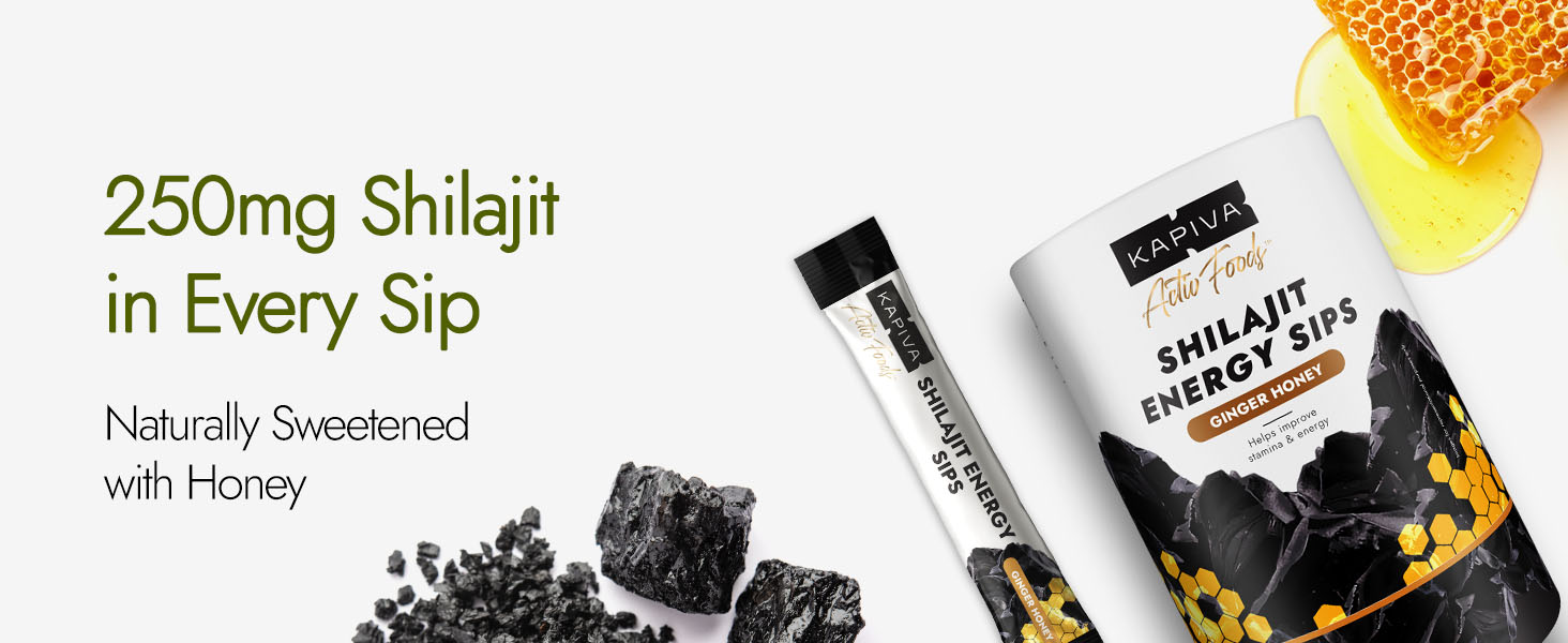 Kapiva Shilajit Energy Sips | With 100% Pure Shilajit/Shilajeet | 250mg Shilajit/Stick | Boosts Energy & Stamina | 30 Sachets | Ginger Honey Flavour (30 N)