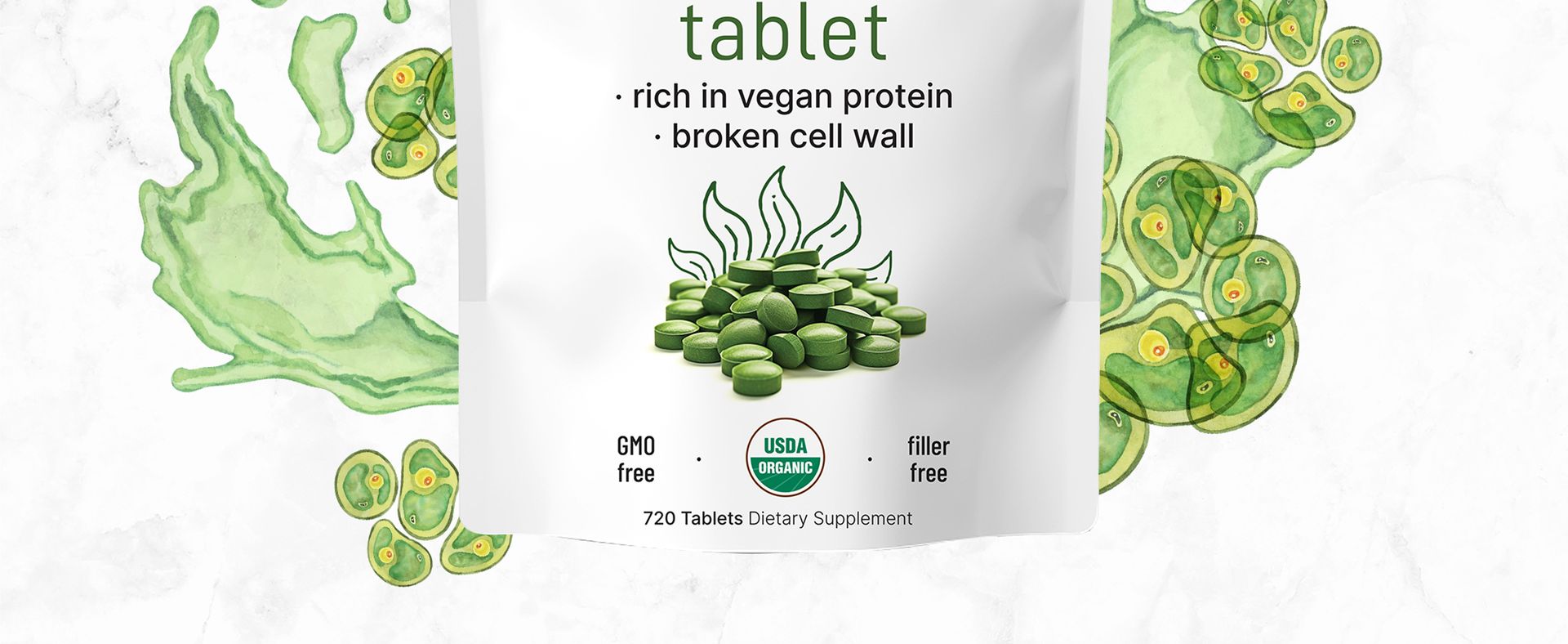 Organic Chlorella Tablets, 500mg Per Tablet, 720 Tabs (360 Grams), 4 Months Supply, Broken Cell Wall, Rich in Vegan Protein & Vitamins, No Filler, No Additives & Non-GMO | Pure Green Algae Superfood