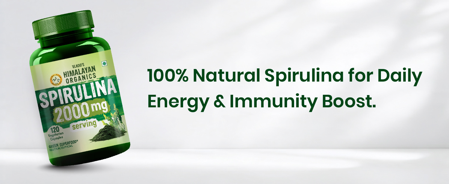 Vlado's Himalayan Organics 100% Spirulina Capsules - 2000mg - Supports Energy, Immunity & Detox - Certified I Green Superfood I Natural Sources Spirulina - 120 Veg capsules