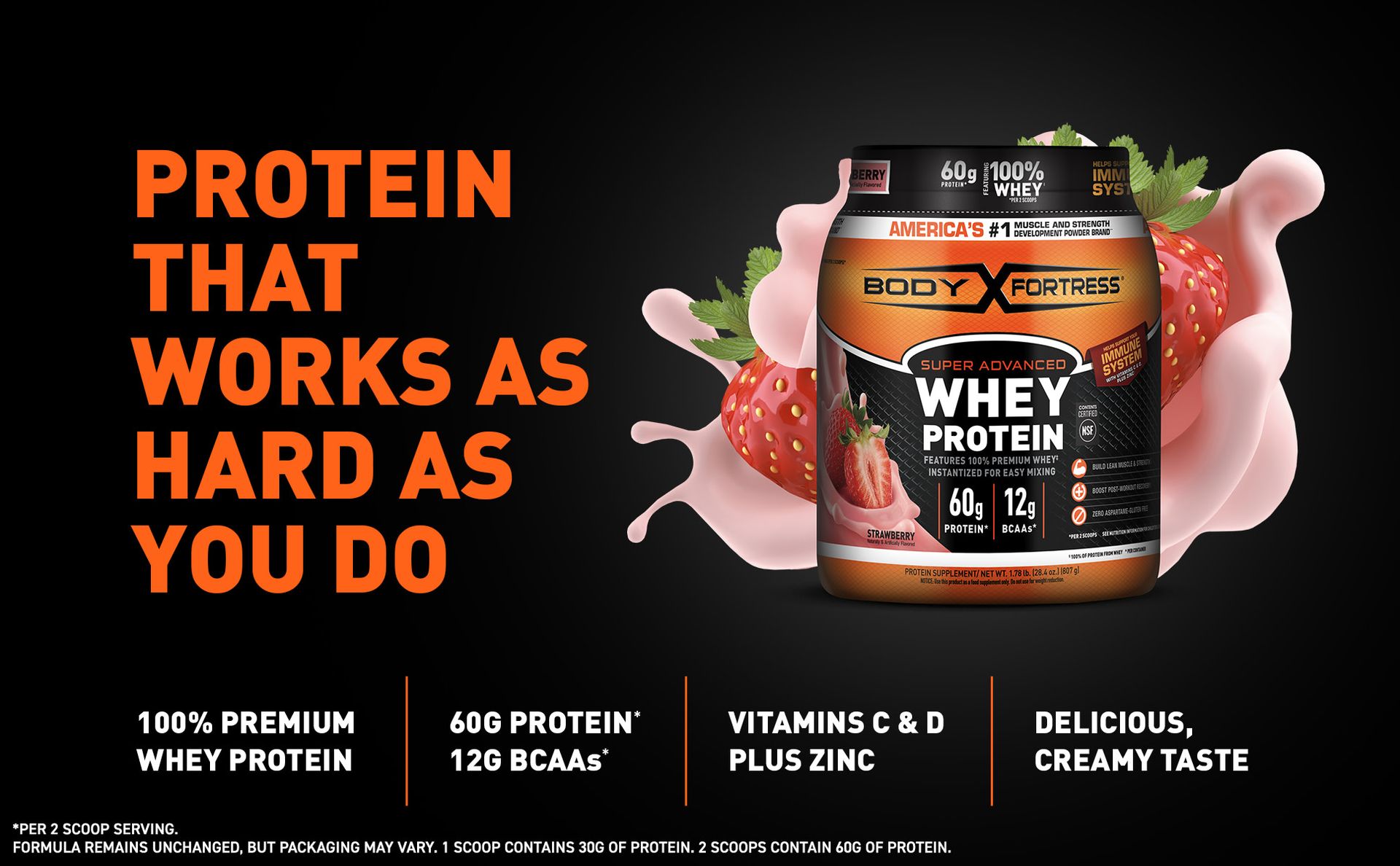Body Fortress Super Advanced Whey Protein Powder, Strawberry, 1.78 lbs