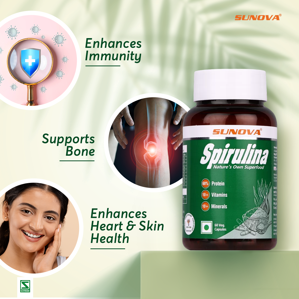SUNOVA Organic Spirulina Capsules – Nature’s Own Superfood and Nutritional Supplement ,Spirulina for Full Body Support – 60 Capsules