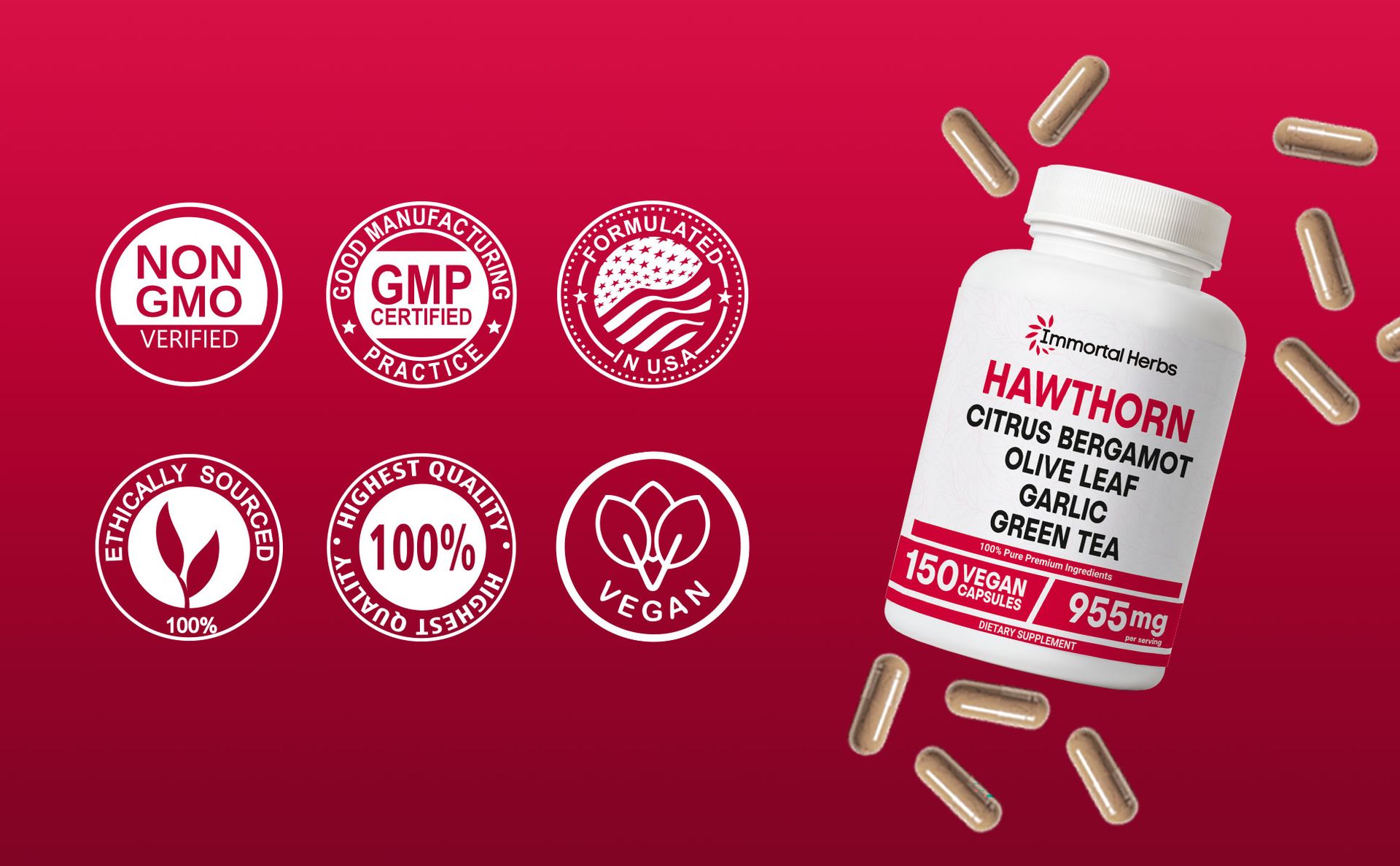 Hawthorn Berry Capsules, 6-in-1 Extract w/Olive Leaf, Citrus Bergamot, Garlic, Green Tea & Black Pepper, 150 Pills, Non-GMO & Gluten-Free Hawthorne Berry Supplement