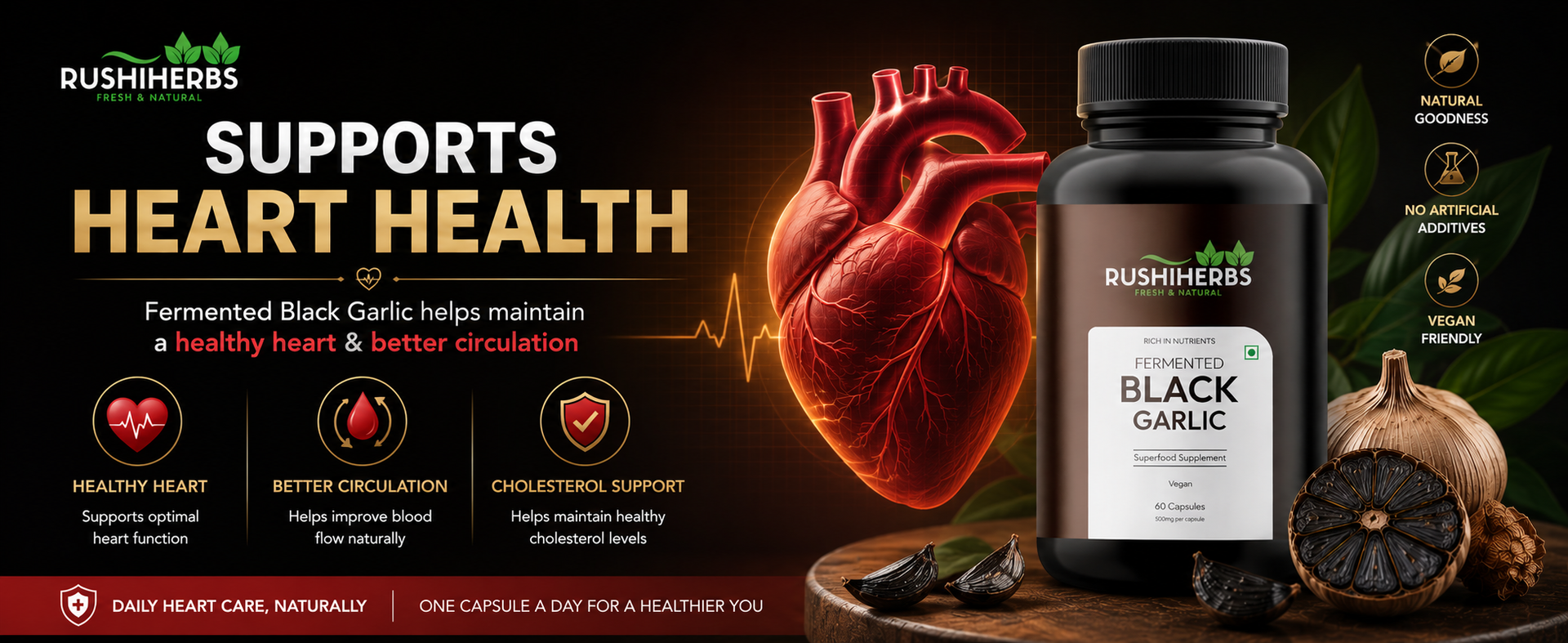 Fermented Black Garlic Capsules 500mg | 90 Days Aged, Rich in S-Allyl Cysteine (SAC) | Supports Heart, Cholesterol Balance, Immunity & Antioxidant Health | No Garlic Breath | 60 Veg Capsules