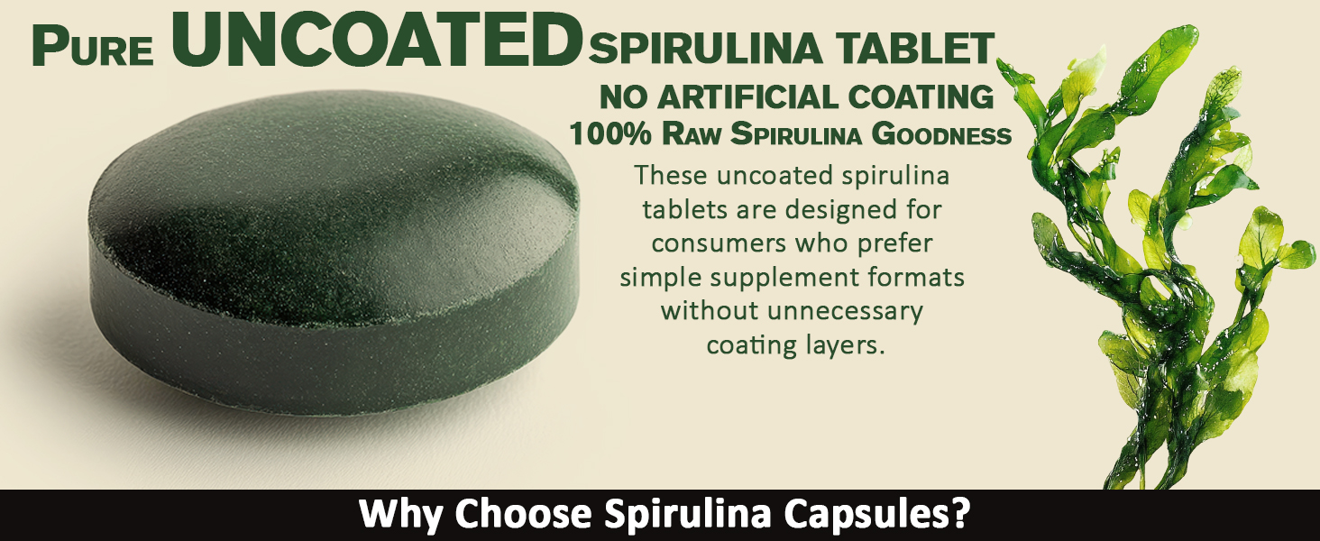 Grenera Organic Spirulina Tablets 120 Count | 1000 mg Per Serving | Uncoated Spirulina Supplement | Vegan & Plant-Based | Green Algae Tablets