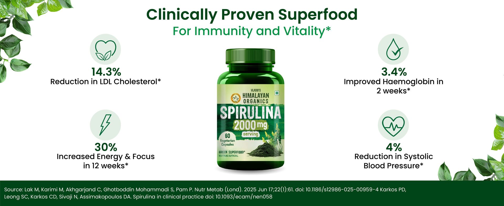Vlado's Himalayan Organics Spirulina 2000mg Supplement For Men And Women | GreenSuper Food For Weight Management & Immunity Booster | Helps In Healthy Heart - 60 Vegetarian Capsules