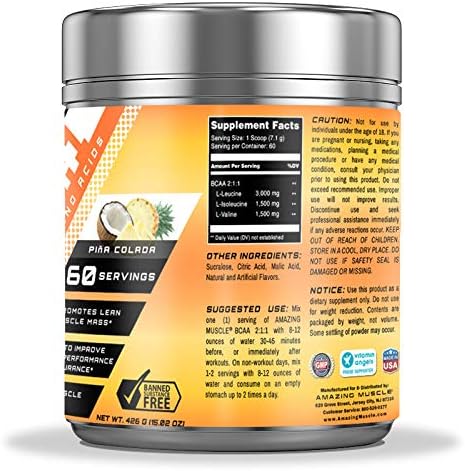 Amazing Muscle BCAA 2:1:1 Branched Chain Amino Acids Supplement | 6000 Mg Per Serving | Pina Colada Flavor | 60 Servings 4
