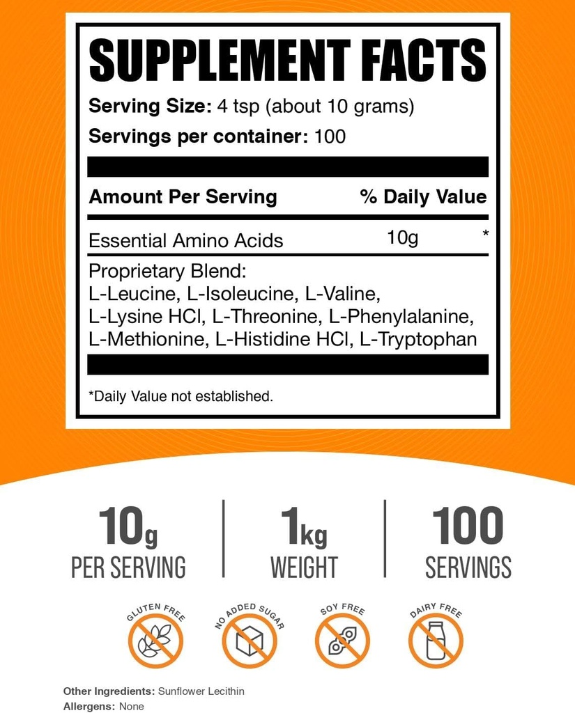 BulkSupplements.com Essential Amino Acids Powder - Essential Amino Acids Supplement, EAA Powder - Unflavored & Gluten Free, 10g per Serving, 1kg (Pack of 5) (11 lbs) 3