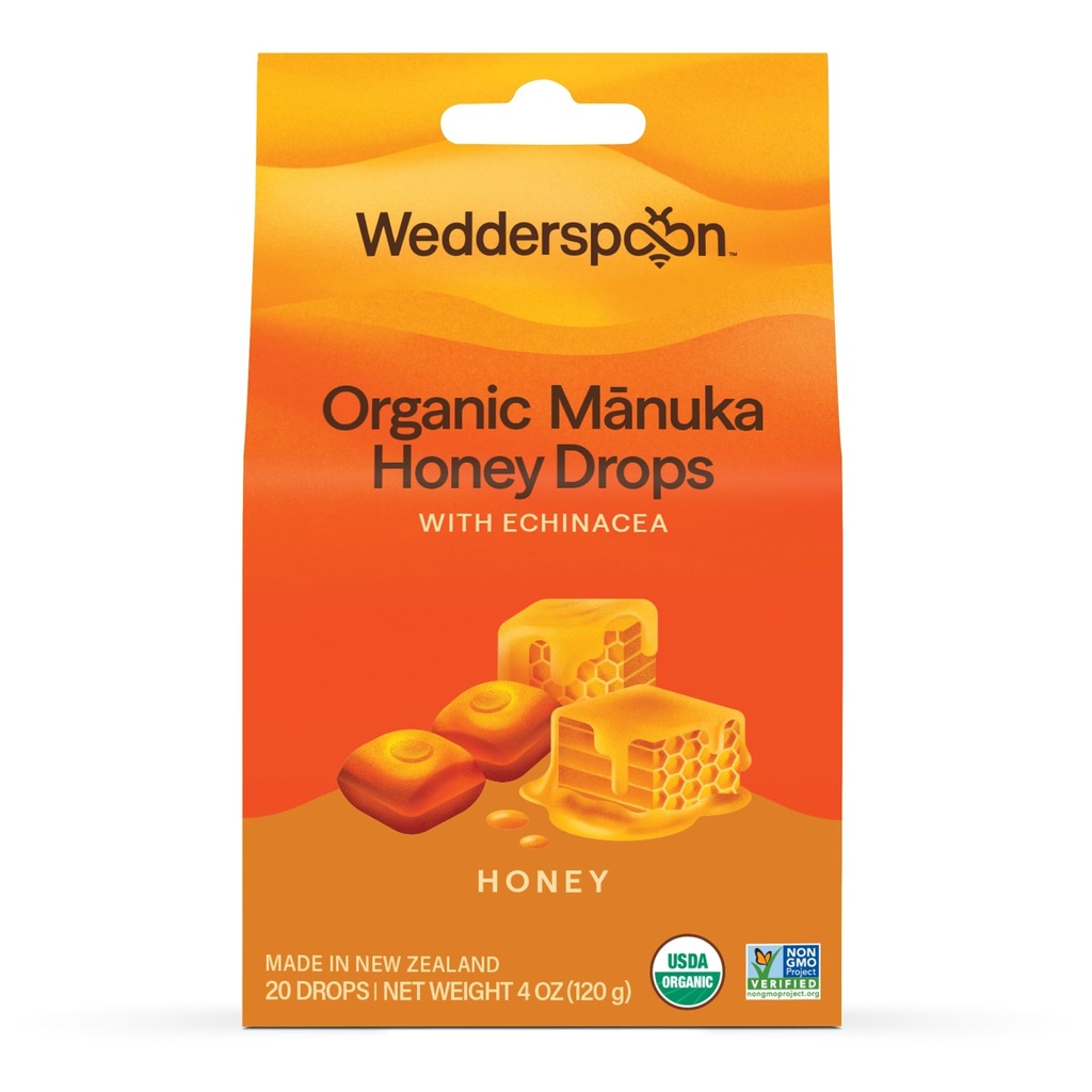 Wedderspoon Organic Manuka Honey Drops, Honey &amp; Echinacea, 20 Cuenta (Pack of 1) ← Genuine New Zealand Honey ← Perfect Remedy For Dry Throats