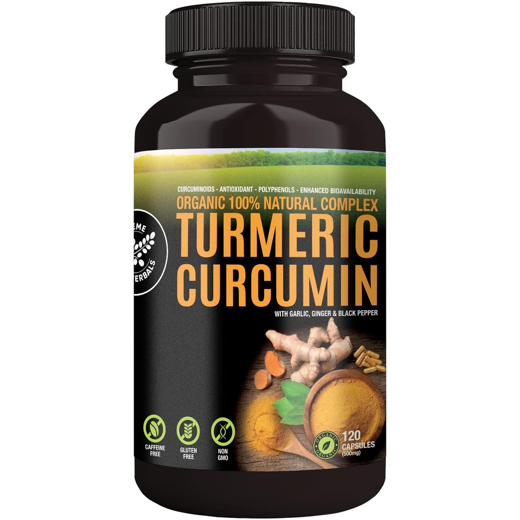 Cápsulas de Curcumina 100% crudas y orgánicas. Certified Organic, Gluten-Free, Non-GMO, and Caffeine-Free. Mejorado con ajo, jengibre y pimienta negra, 500 mg, 120 cápsulas veganos