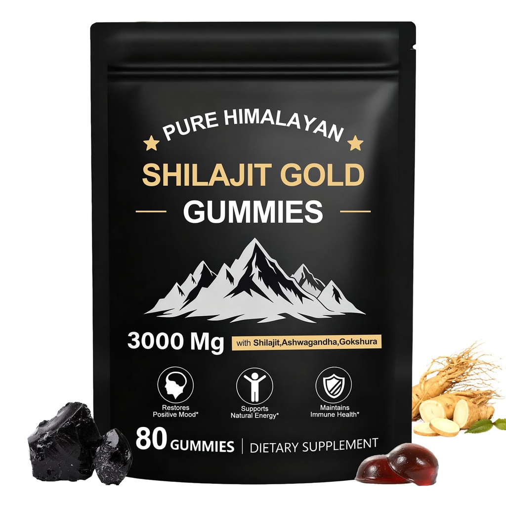 Shilajit Gummies, Pure Himalayan Shilajit Gummies Gold, No Added Sugar Non-GMO 100% Natural & Organic, Ashwagandha, Gokshura| Fulvic Acid & 85+ Trace Minerals for Men, Women | 80 Gummy