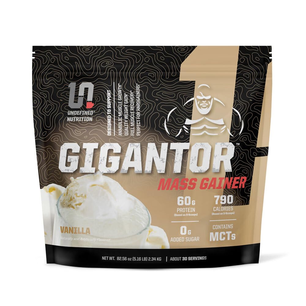 Gainer de Masa de Gigantor de Nutrición Indefinido por Brian Shaw (60g Protein, 30 Servings, hasta 790 Calories de Calidad) – Hardcore Hard Gainer Fórmula con 5 Fase Protein Blend (5.16 lbs, Vanilla)