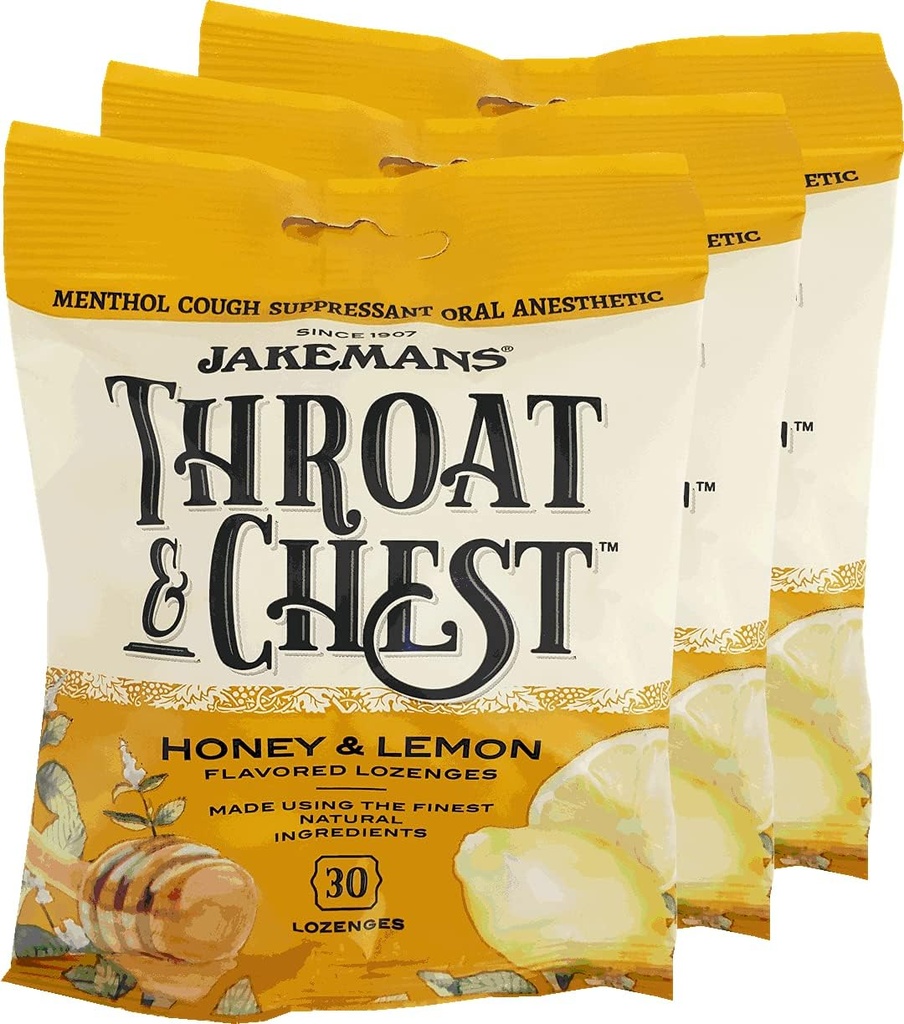 Jakemans Honey and Lemon Throat " Chest Lozenges Cough Drops – Tos, Sore Throat and Seasonal Distress Soothing Relief – Liquid Drop Shape – 30 Lozenges (3 Pack)